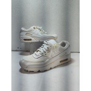 Size-7.5 Auth NIKE Air Max 90 White Cream Leather Chemical Fiber Womens Sneakers